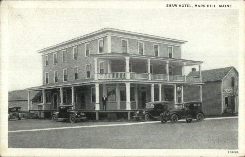 Mars Hill ME Shaw Hotel & Old Cars c1920 Postcard