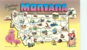 Greetings from Montana Chrome Postcard, Map,  Blue & Pink Letters