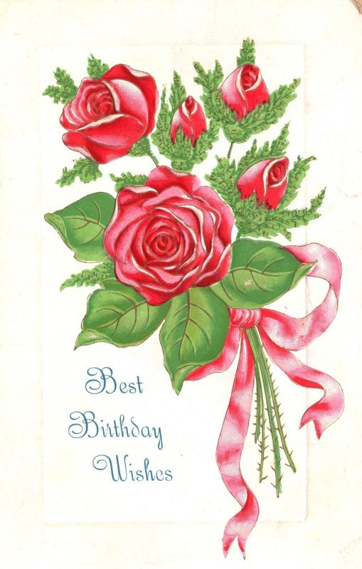 Vintage Postcard 1908 Best Happy Birthday Wishes Greetings Pink Roses Flowers