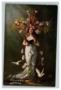 Vintage 1910's Tuck's Easter Postcard Girl in White Dress Doves Flowered Cross