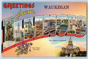 Waukegan Illinois IL Postcard Large Letter Greetings State Capitol  Scene c1940s