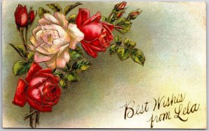 Best Wishes From Lela White Red Roses Flowers Greetings, Vintage Postcard