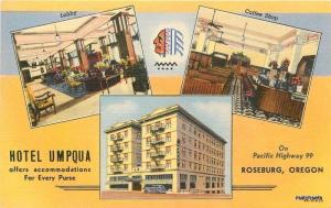 1940s Hotel Umpqua Interior Entrance Roseburg Oregon Linen Teich postcard 1047