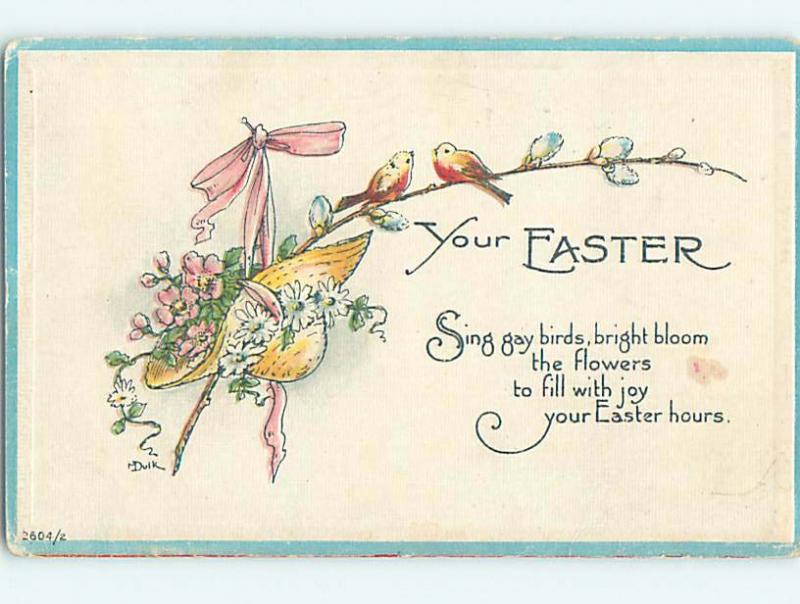 1917 Easter signed DUIK - BIRDS & STRAW HAT FILLED WITH FLOWERS & RIBBON o5575