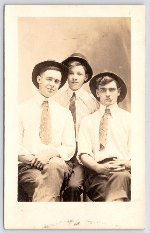 Clear Lake~Singleton? Three Brothers or Friends, 1 Cigar, Showmen's Hats RPPC