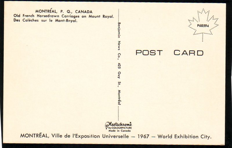 P1465 1967 unused postcard french horsedrawned carriages montreal canada