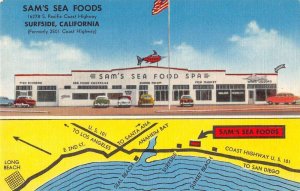 Surfside California Sam's Sea Foods with Map Vintage Postcard AA33905