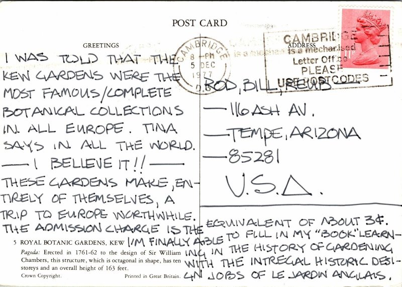 VINTAGE CONTINENTAL SIZE POSTCARD ROYAL BOTANIC GARDENS KEW ENGLAND 1970s