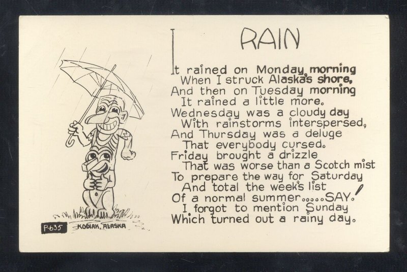 KODIAK ALASKA TOTEM POLE UMBRELLA RAIN POETRY VINTAGE REAL PHOTO POSTCARD