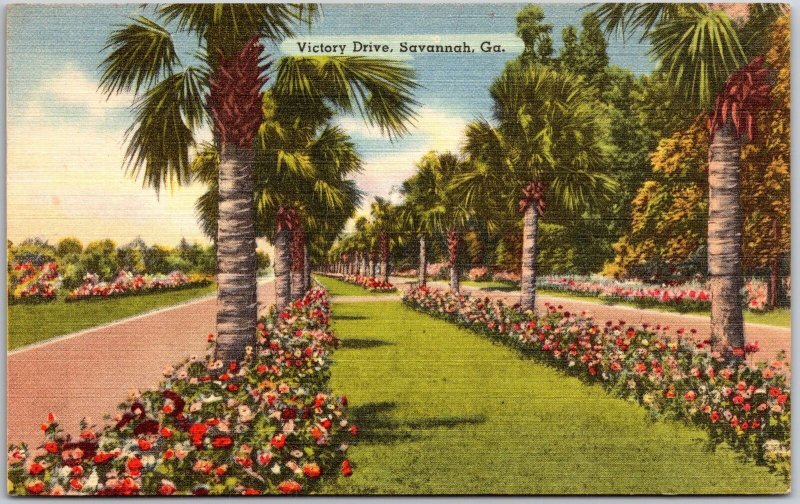 Savannah Georgia GA, Victory Drive, Palm Trees, Bed Flowers, Vintage Postcard