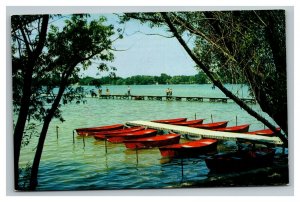 Vintage 1955 Postcard Pier Rowboats Woodland Store Lake George Minnesota