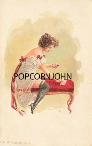 J. P. W. Series 370 #9 Artist Beautiful Woman Playing Solitaire Postcard
