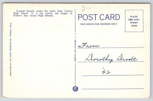 Pueblo Colorado~Central Junior High School~Front & Side~Lamp Post~1930 Postcard