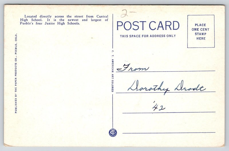 Pueblo Colorado~Central Junior High School~Front & Side~Lamp Post~1930 Postcard