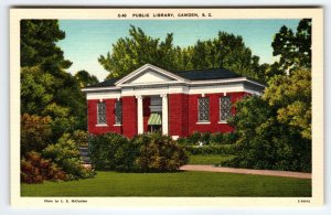 Public Library Building Camden South Carolina Linen Postcard SC Vintage Unused