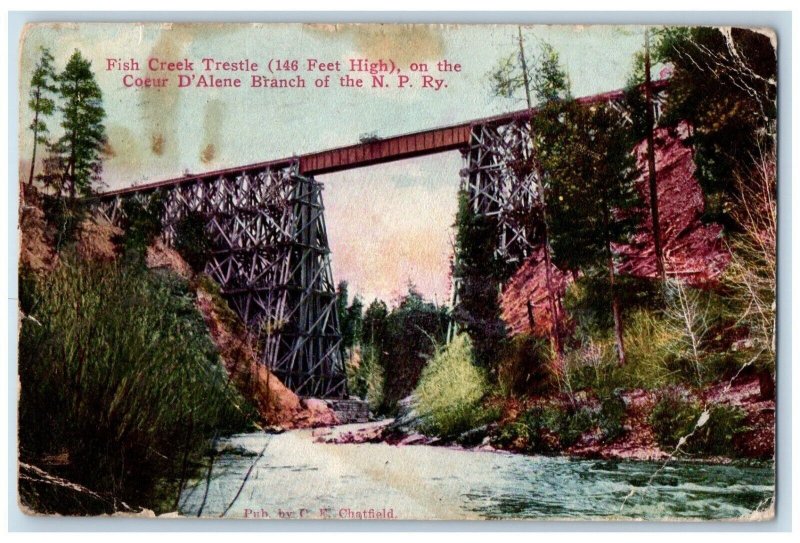 Coeur D'Alene Idaho ID Postcard Fish Creek Trestle Coeur D'Alene  Branch c1910