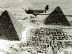 Gallery Quality, WW2 Era  US Bomber over the Great Pyramids, Egypt Postcard