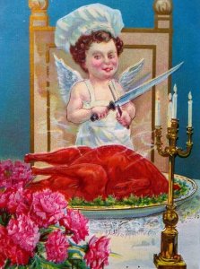 Thanksgiving Postcard Cherub Angel Baby Carves Turkey Candles Stecher 313 B 