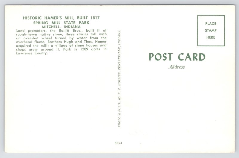 Mitchell Indiana~Spring Mill State Park~Historic Hamer's Mill~1950s Postcard