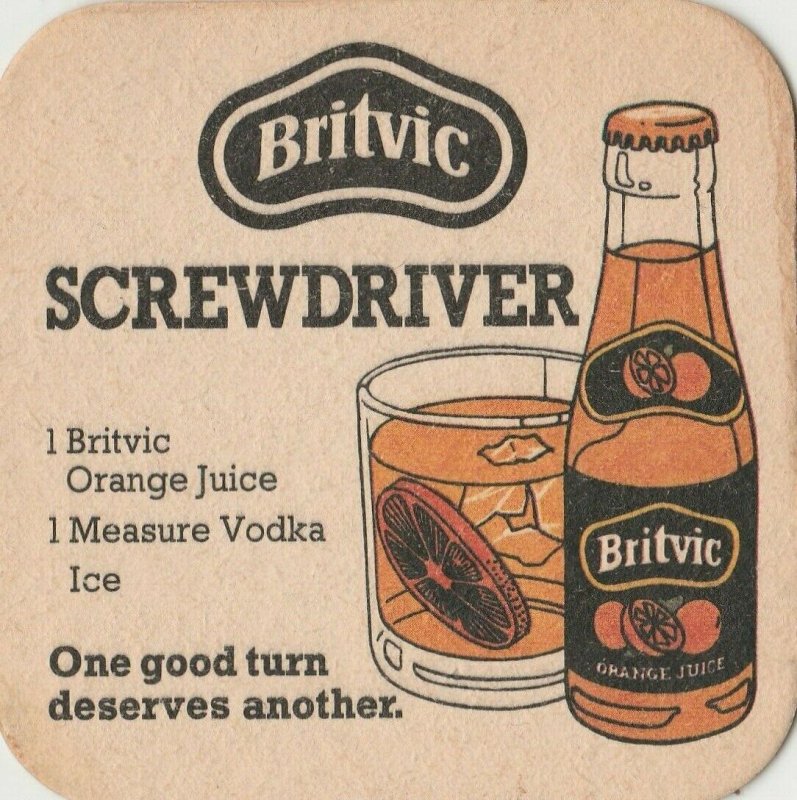 VINTAGE BRITVIC ORANGE JUICE SCREWDRIVER CARDBOARD BEER COASTER FROM ENGLAND