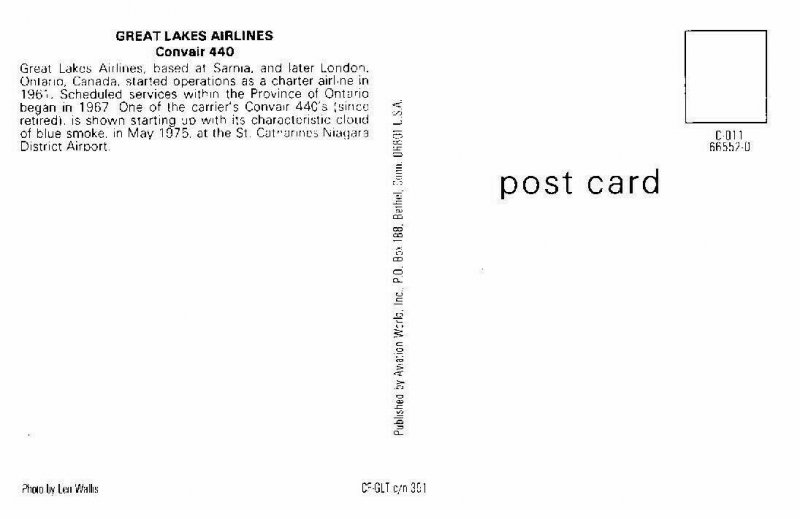 Great Lakes Airlines Convair 440 Postcard at Niagra Distrcit Airport 1975