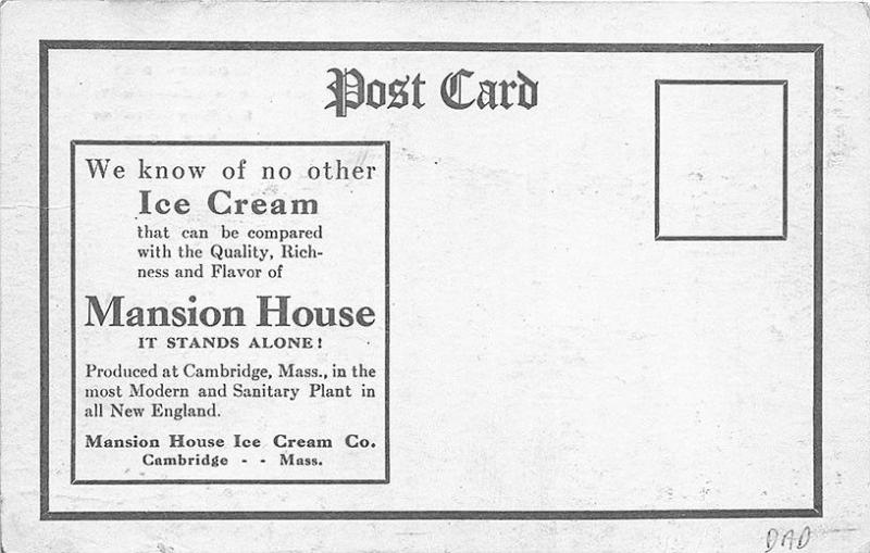 Cambridge MA Mansion House Ice Cream Co. 90 West Street Postcard