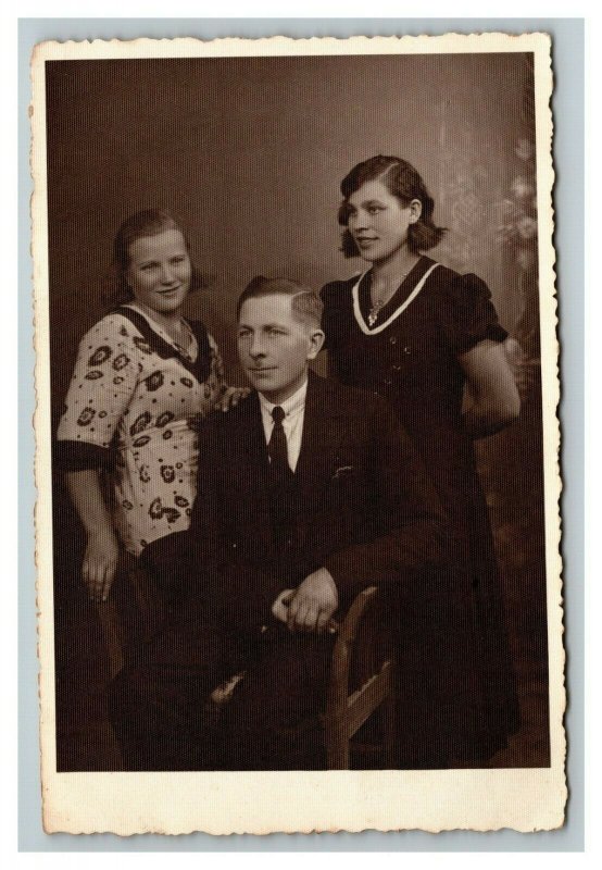 Vintage 1920's RPPC Postcard - Portrait Father and His Two Daughters