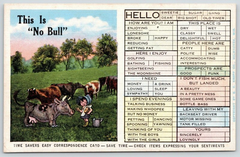 Busy Person Correspondence Card~Little Girl Milks Cow~This is No Bull~1940 Linen 