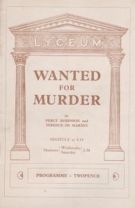 Wanted For Murder London Lyceum Mystery Patricia Wood Theatre Programme