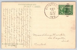 Holiday~Merry Christmas~Warm Friendship~Girl w/Holly Wreath~Ribbon~1913 Postcard