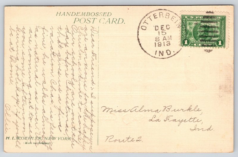 Holiday~Merry Christmas~Warm Friendship~Girl w/Holly Wreath~Ribbon~1913 Postcard