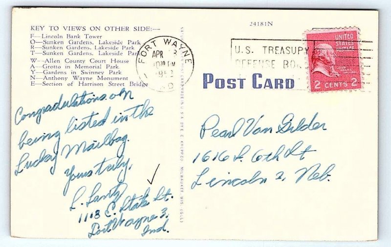 FORT WAYNE, IN Indiana  ~ Large Letter Linen  1952  Kropp Postcard