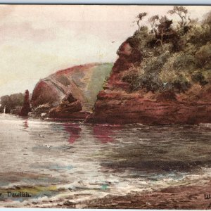 c1910s Dawlish, England Bathing Cove Red Cliffs Rocky Shore Sailing Ships A353