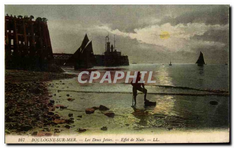 Old Postcard Boulogne Sur Mer The two piers Night Effect