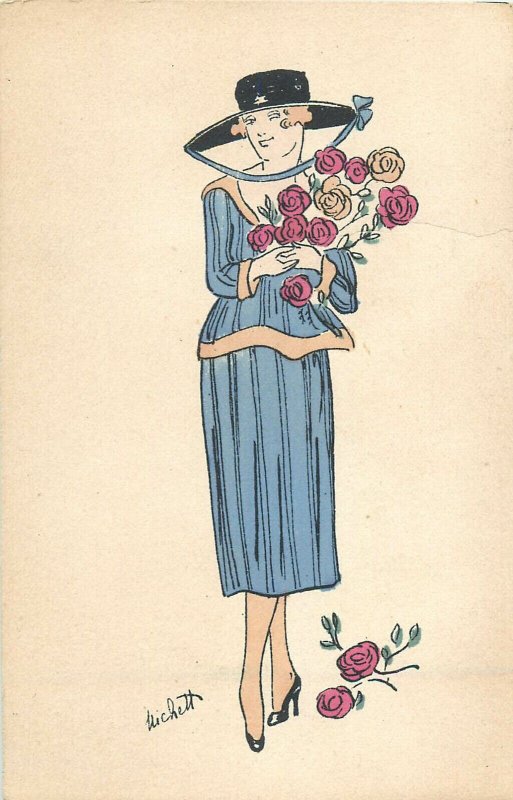 Art deco drawn woman artist postcard series Some Flowers