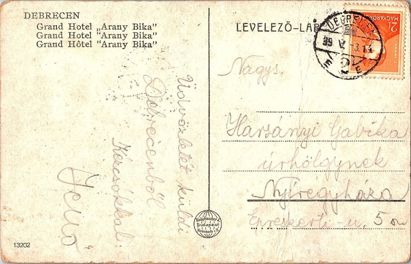 Debrecen Grand Hotel Arany Bika c1915 Vintage Postcard