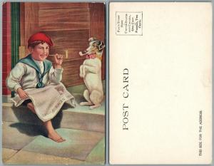 SMOKING DOG & BOY w/ TOBACCO PIPES ANTIQUE UNDIVIDED POSTCARD HITTING THE PIPE