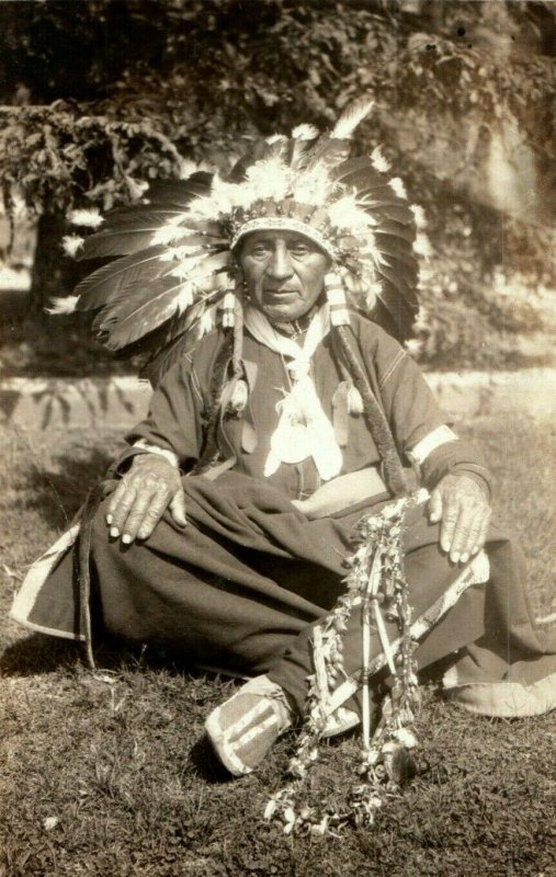 c1920 Native American Indian Chief in Headdress Mockasin Antique Postcard 
