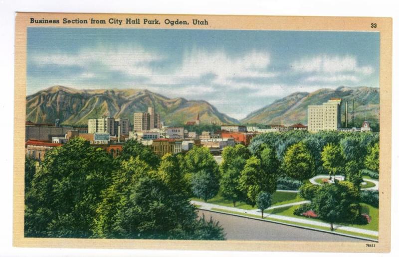 Business Section from City Hall Park, Ogden, Utah, unused linen PPC