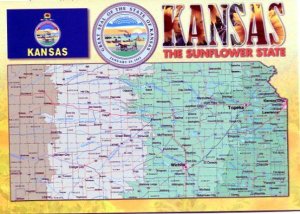KS: KANSAS THE SUNFLOWER STATE MAP POSTCARD