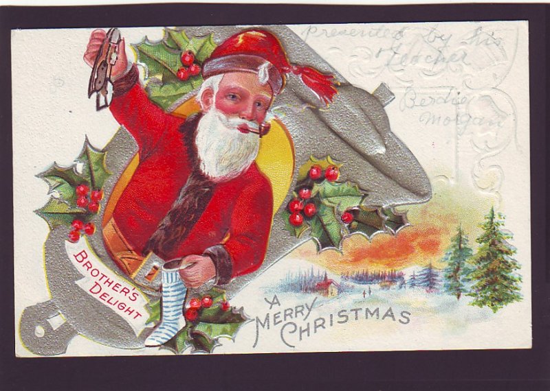 P1557 old used postcard embossed santa with pipe bell etc brothers delight