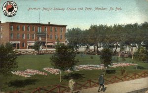 Mandan ND NP RR Train Station Depot & Park RPO Cancel 1909 Postcard 