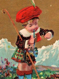 c1880s Rare Tobacco Ad Victorian Trade Card Boy Smoking Lighting Pipe Alps Mtns