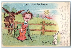 1909 Ugly Woman No One To Love Bunny Rabbit Mule Anthropomorphic Moon Postcard