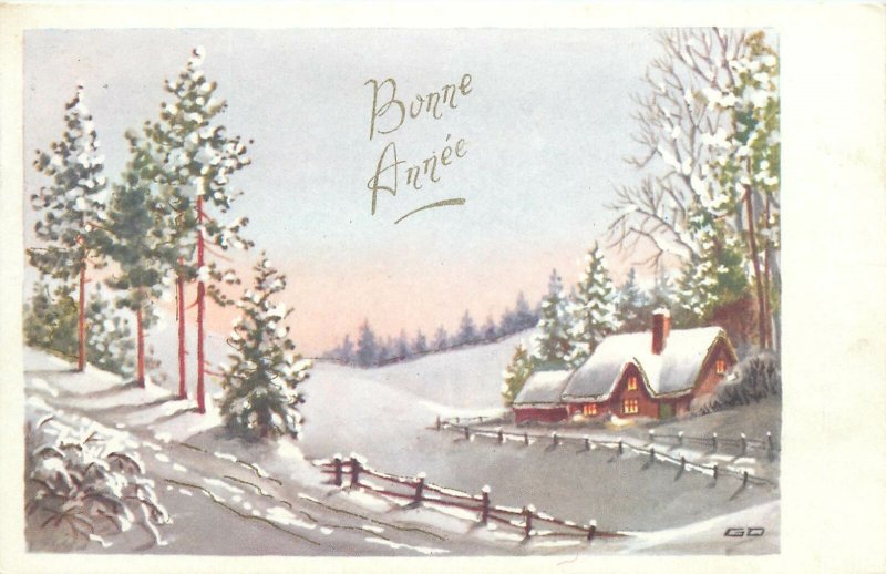 Postcard Greetings Bonne Annee winter landscape