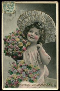 Voici mes souhaits. 1907 French real photo postcard. Hand tinted. Girl & flowers