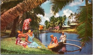 Postcard Hawaii - Tourist canoe on canal near shore United Airlines advert