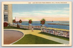 Racine Wisconsin~Lake Michigan From Memorial Hall~Vintage Linen Postcard