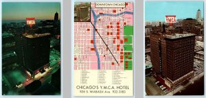 3 Postcards CHICAGO, IL ~ Night/Day & Map Y.M.C.A. HOTEL South Wabash c1960s