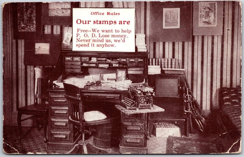 1910's Office Rules Messy Tables Papers Interior Office View Postcard